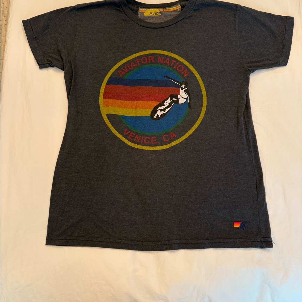 Aviator Nation Dark Gray Tee with Rainbow Graphic